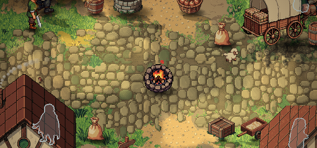 The stone-ringed vatra burning in the cobbled village square.